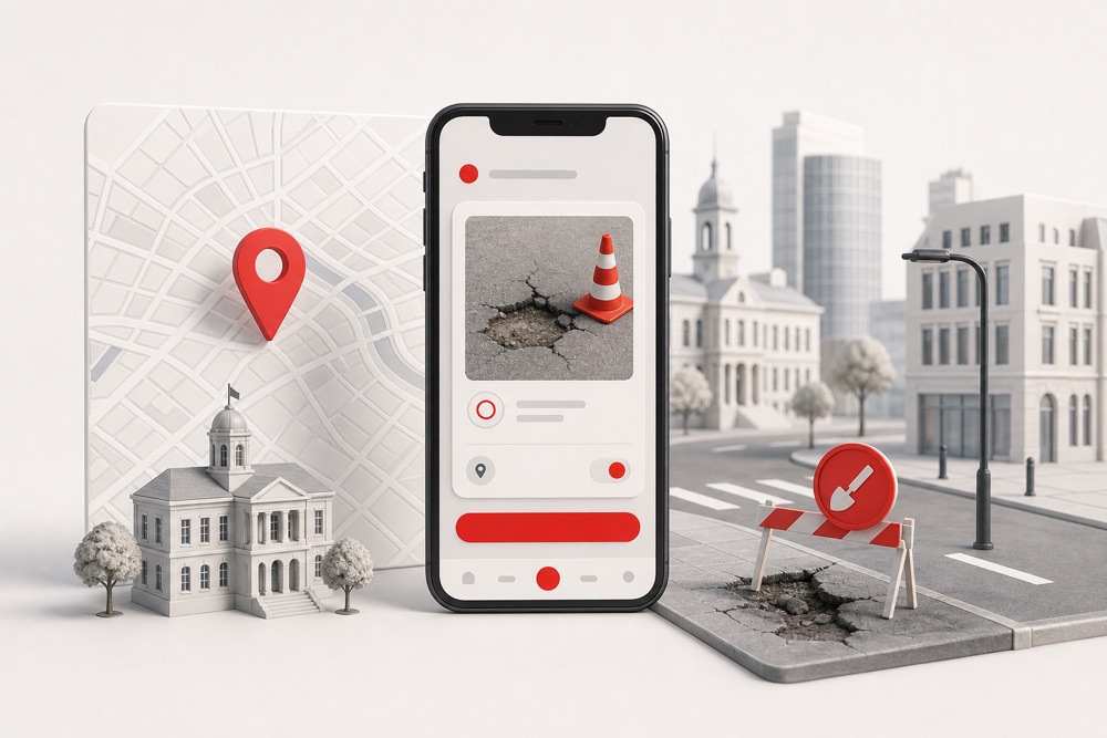Illustration einer mobilen Melde-App mit Stadtkarte und Straßenschaden