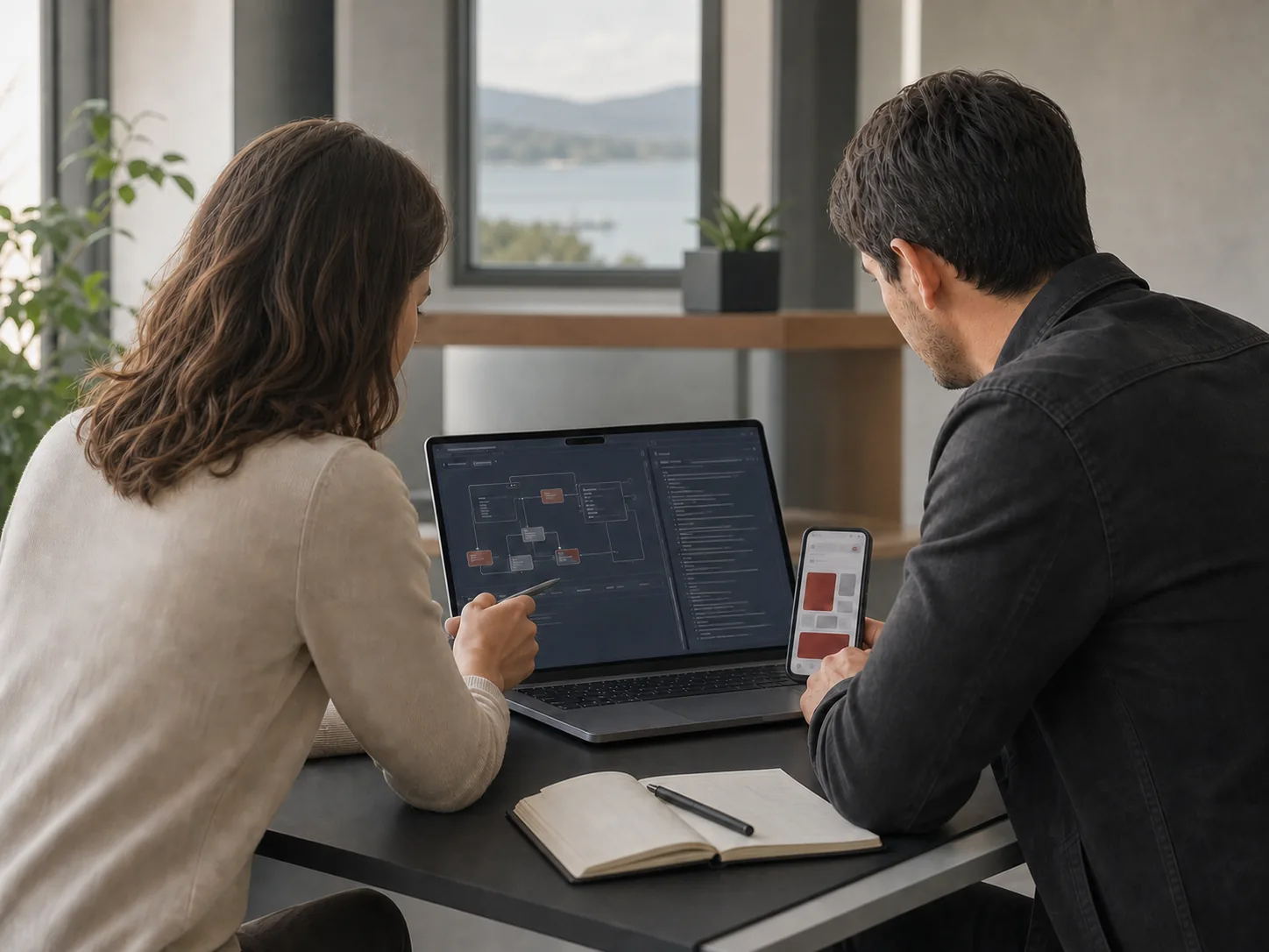 Zwei Personen beim gemeinsamen Review einer App-Architektur