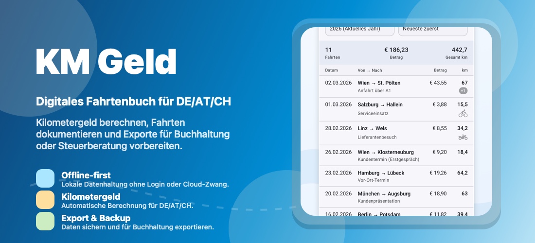 KM Geld App: Fahrtenbuch & Kilometergeld
